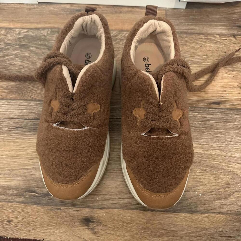 Belovey brown teddy fur fleece sneakers unique whimsical tennis shoes size 6.5